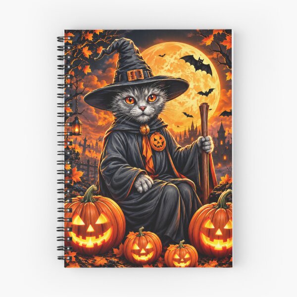 Item preview, Gray Witch Cat with Hat, Pumpkins and Halloween Full Moon designed and sold by Creative StudioK.