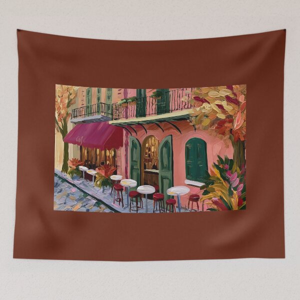 Item preview, Charming Paris Cafe with Red Awning and Outdoor Seating Surrounded by Vibrant Autumn Leaves designed and sold by OlfactoART Studio.