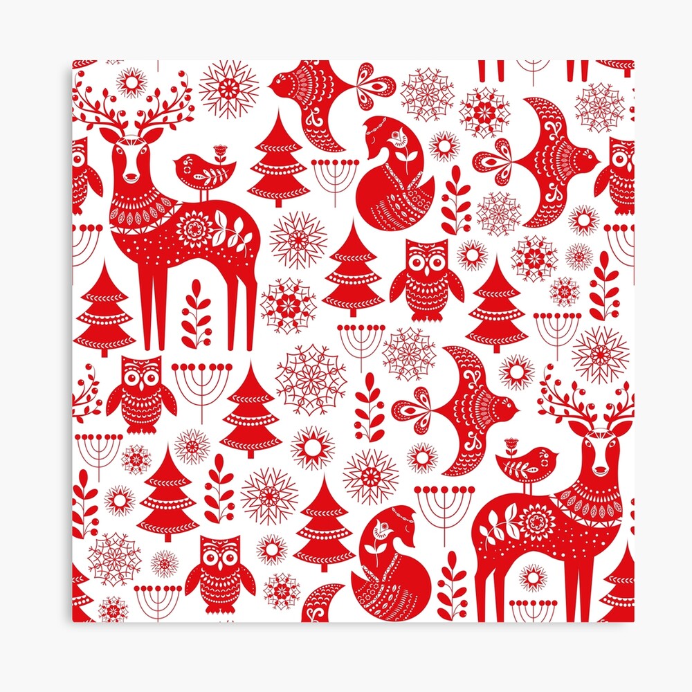 Christmas seamless pattern with deer, owls, foxes, and birds in white and  red. Scandinavian style. Folk art. Tapestry for Sale by Skaska