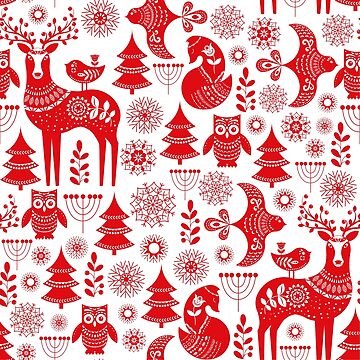 Christmas seamless pattern with deer, owls, foxes, and birds in white and  red. Scandinavian style. Folk art. | Tapestry