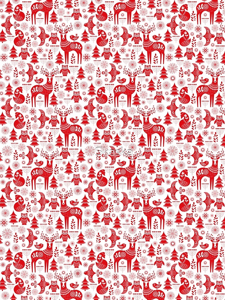 Christmas seamless pattern with deer, owls, foxes, and birds in white and red. Scandinavian style. Folk art. by Skaska