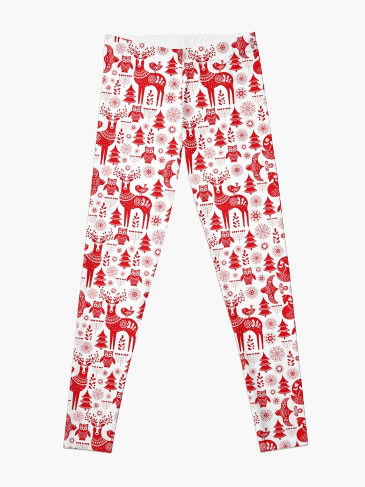 Alternate view of Christmas seamless pattern with deer, owls, foxes, and birds in white and red. Scandinavian style. Folk art. Leggings