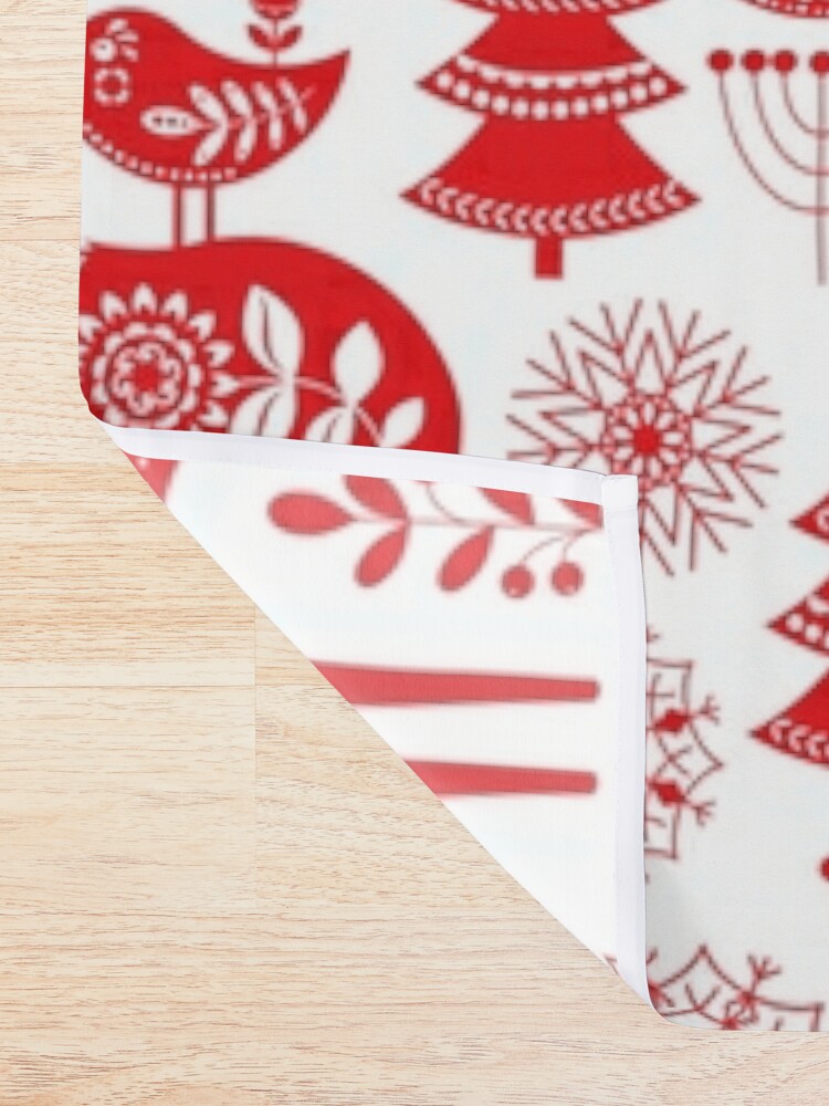 Christmas seamless pattern with deer, owls, foxes, and birds in white and  red. Scandinavian style. Folk art. | Shower Curtain