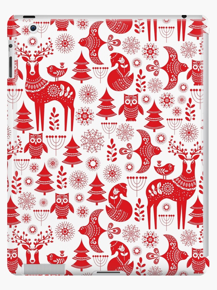 Christmas seamless pattern with deer, owls, foxes, and birds in white and  red. Scandinavian style. Folk art. Tapestry for Sale by Skaska