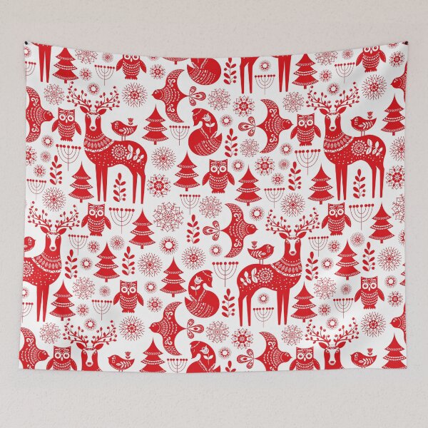 Item preview, Christmas seamless pattern with deer, owls, foxes, and birds in white and red. Scandinavian style. Folk art. designed and sold by Skaska.