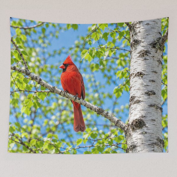 Item preview, Red Bird Northern Red Cardinal Bird Perched on a Birch Tree Branch   designed and sold by DrewRomeoCo.