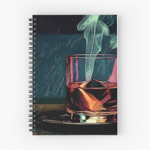 Artikelvorschau, Whiskyglas mit Eis und aufsteigendem Rauch in einem dunklen, stimmungsvollen Stillleben raffinierter Abendatmosphäre entworfen und verkauft von OlfactoART Studio.