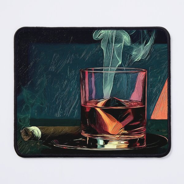 Artikelvorschau, Whiskyglas mit Eis und aufsteigendem Rauch in einem dunklen, stimmungsvollen Stillleben raffinierter Abendatmosphäre entworfen und verkauft von OlfactoART Studio.