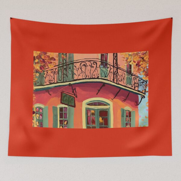 Item preview, Charming Quaint Cafe Framed by Colorful Autumn Leaves and Ornate Ironwork in Soft Pastel Tones designed and sold by OlfactoART Studio.