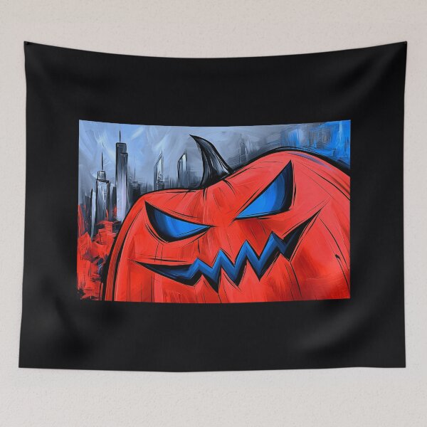 Item preview, Menacing Halloween Pumpkin Overlooking a Dramatic Cityscape with Skyscrapers and a Cloudy Autumn Sky designed and sold by OlfactoART Studio.