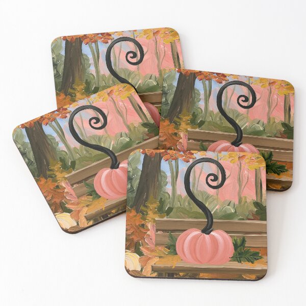 Item preview, Pink Pumpkin with Curly Black Stem on a Rustic Bench Surrounded by Vibrant Autumn Leaves designed and sold by OlfactoART Studio.