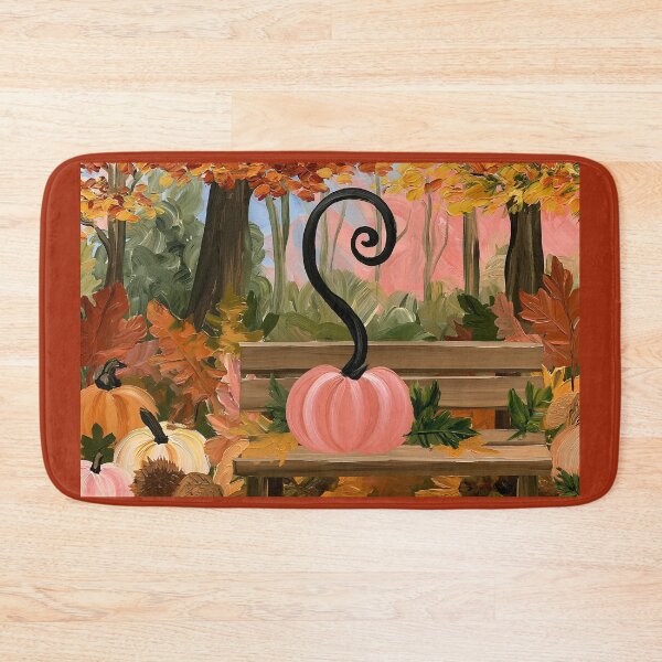 Item preview, Pink Pumpkin with Curly Black Stem on a Rustic Bench Surrounded by Vibrant Autumn Leaves designed and sold by OlfactoART Studio.
