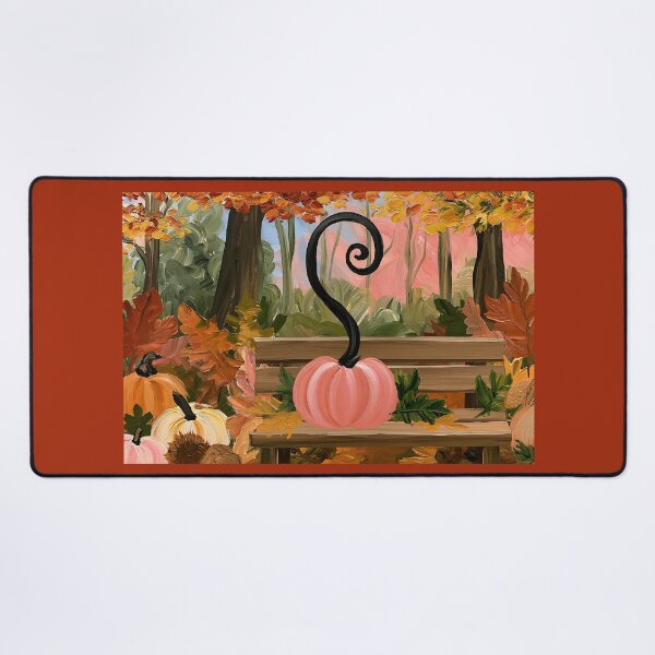 Item preview, Pink Pumpkin with Curly Black Stem on a Rustic Bench Surrounded by Vibrant Autumn Leaves designed and sold by OlfactoART Studio.