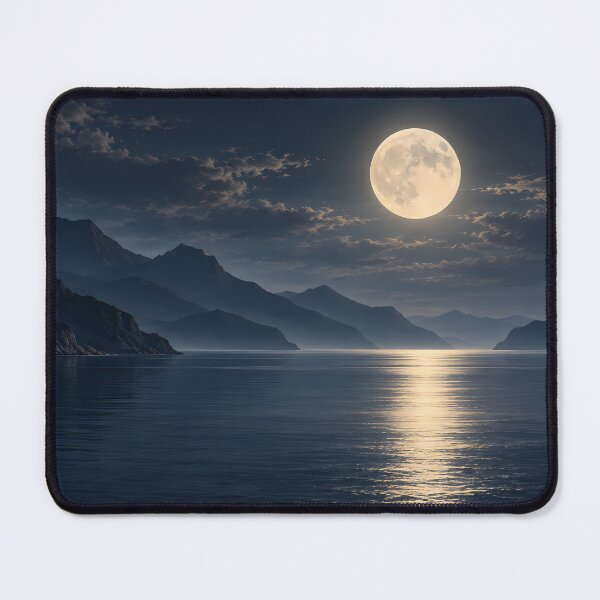 Item preview, Full Moon Over Mountain Bay – Calm Blue Night Seascape designed and sold by novadawy.
