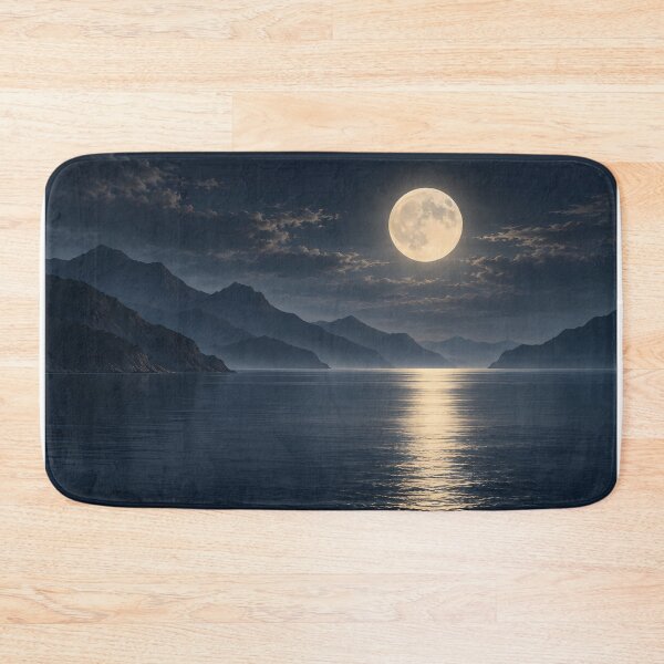 Item preview, Full Moon Over Mountain Bay – Calm Blue Night Seascape designed and sold by novadawy.