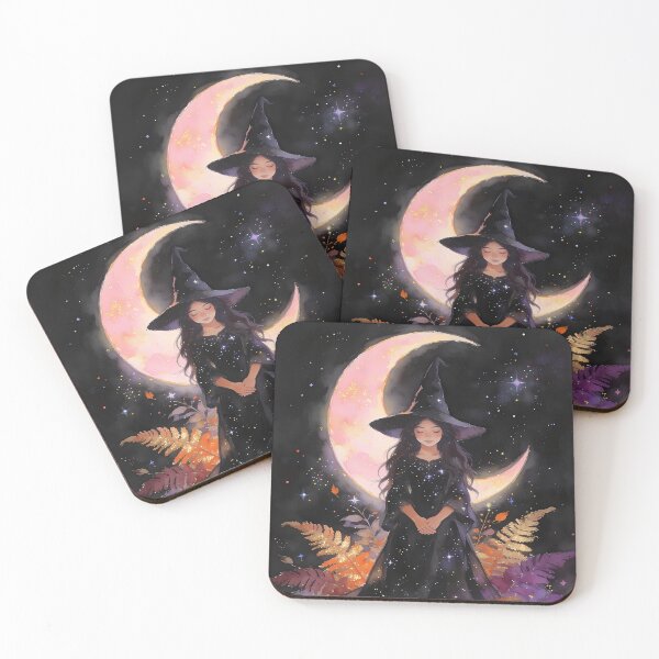 Item preview, Autumn Witch Under Crescent Moon Watercolor Art designed and sold by soulfulpalette.
