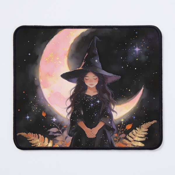 Item preview, Autumn Witch Under Crescent Moon Watercolor Art designed and sold by soulfulpalette.