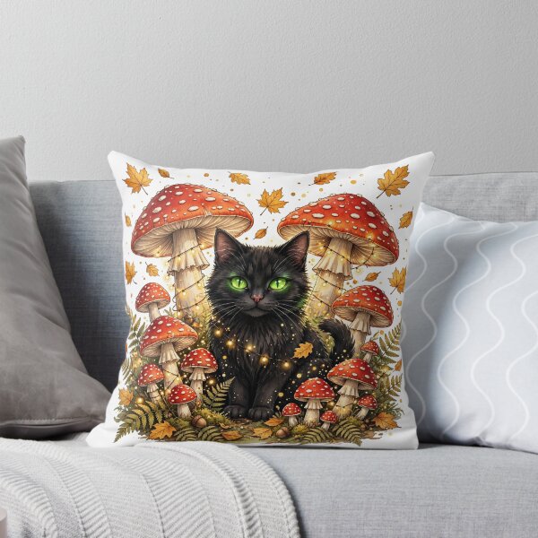 Item preview, Black Cat in Mushroom Forest | Witchy Autumn Cottagecore Cat Art designed and sold by HexAndHearth.