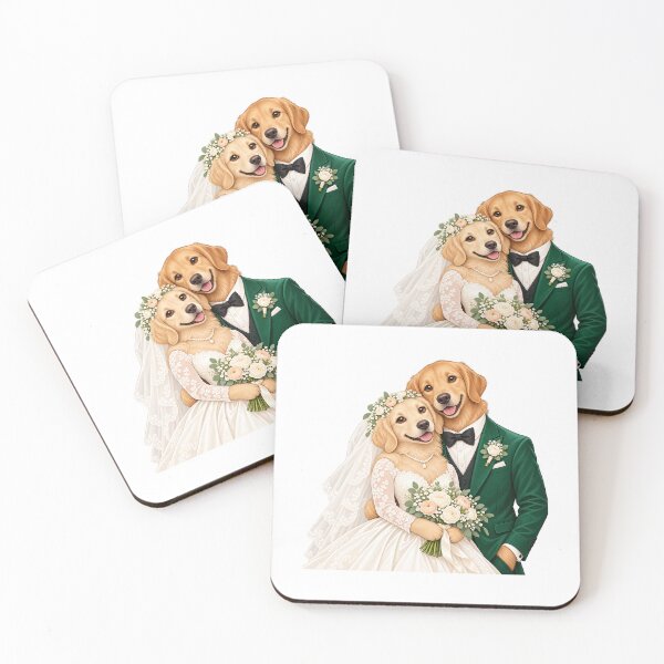 Artikelvorschau, Golden Retriever Bride and Groom Wedding Portrait entworfen und verkauft von skyartdesign.