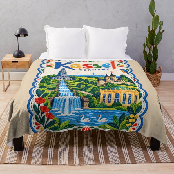 Item preview, Kassel Germany Embroidered Travel Illustration Bergpark Wilhelmshöhe and Waterfalls designed and sold by Witsprings.