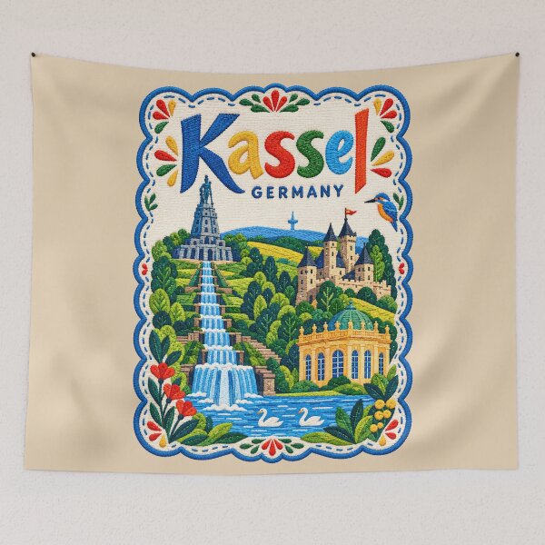 Artikelvorschau, Kassel Deutschland bestickte Reiseillustration Bergpark Wilhelmshöhe und Wasserfälle entworfen und verkauft von Witsprings.