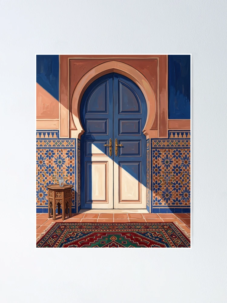 Sunlit Moroccan Blue Door and Boho Tile Art Poster