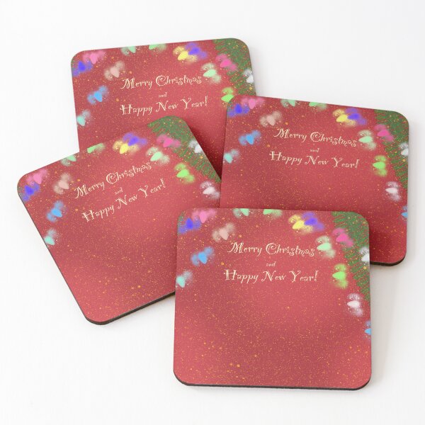 Item preview, Merry Christmas and Happy New Year festive red background with colorful lights and fir branches designed and sold by SweetLilith.