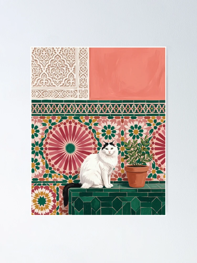 Pink Moroccan Zellige Tile Boho Cat Art Poster