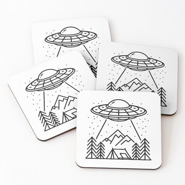 Item preview, UFO Camping Mountains – Minimalist Line Art Alien Adventure designed and sold by LoFizzy.
