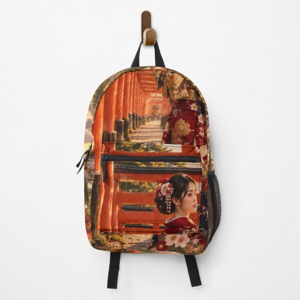 Item preview, Kimono Woman Walking Through Vermilion Torii Gates at Sunrise designed and sold by vekotpu.