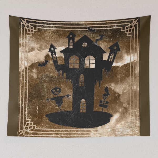 Item preview, Creepy Halloween Haunted House Scarecrow Bats Moonlit Orange designed and sold by Ghoul Enterprises.