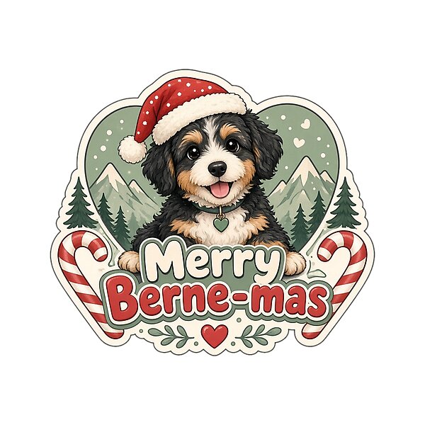 “Merry Berne-mas” design: christmas Gift for Bernedoodle Owners, cute kawaii art by Soft Merch