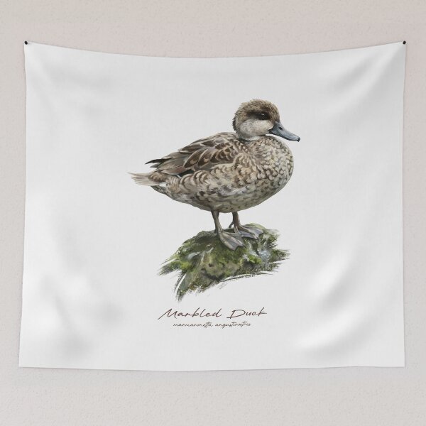 Item preview, Marbled Duck on Mossy Rock Bird Illustration designed and sold by Takeda-art.