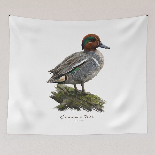 Item preview, Common Teal on Mossy Log Bird Illustration designed and sold by Takeda-art.