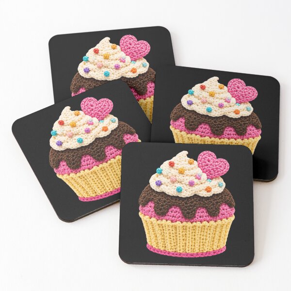 Item preview, Crochet-Style Pink Heart Garnish Cupcake on Black Print Grannycore Shapes Mania  designed and sold by Shapes-Mania.