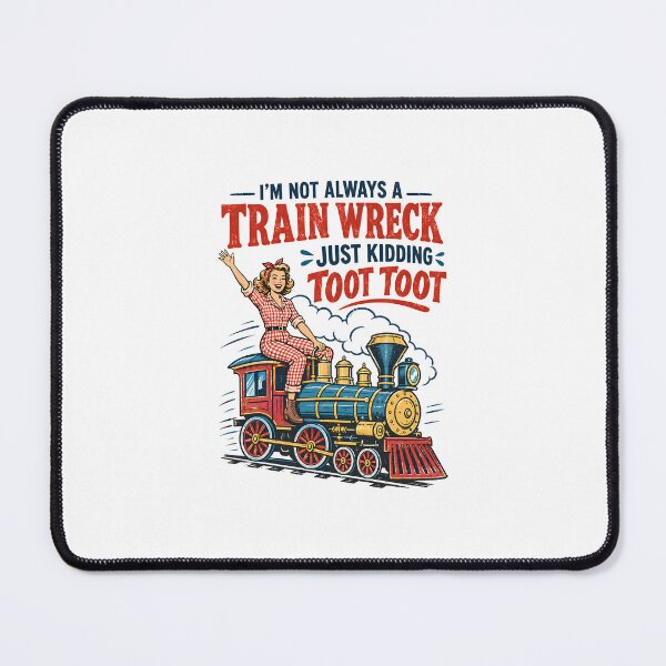 Item preview, I'm Not Always a Train Wreck — Retro Mid-Century Woman on Locomotive Illustration designed and sold by Colorful-Garden.