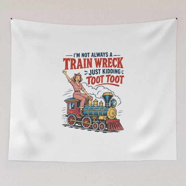 Item preview, I'm Not Always a Train Wreck — Retro Mid-Century Woman on Locomotive Illustration designed and sold by Colorful-Garden.
