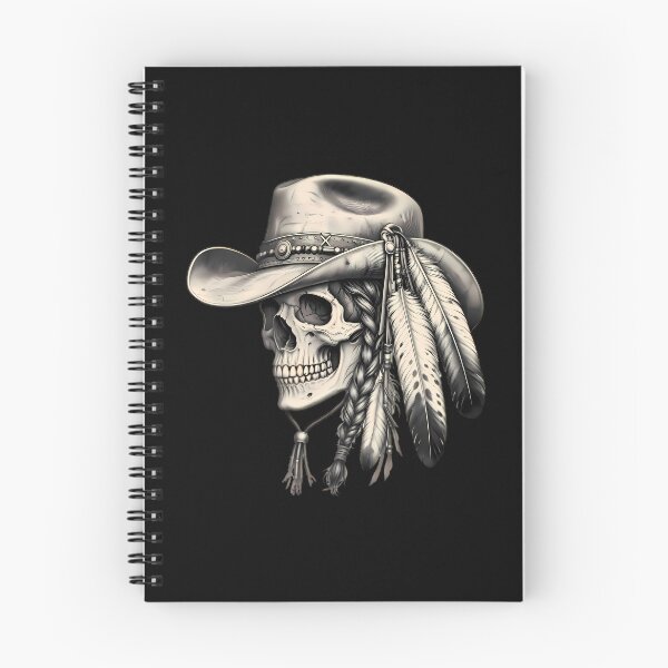 Aperçu de l'œuvre Tête de mort vintage portant un chapeau de cowboy orné de plumes créée et vendue par Linework Studio.