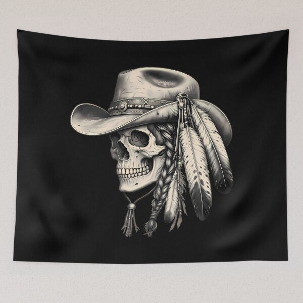 Item preview, Vintage Skull Wearing Cowboy Hat with Feathers designed and sold by Linework Studio.