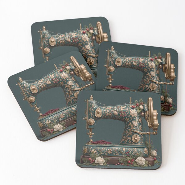 Item preview, Victorian Christmas Sewing Machine in Teal and Gold designed and sold by Ink and Wink.