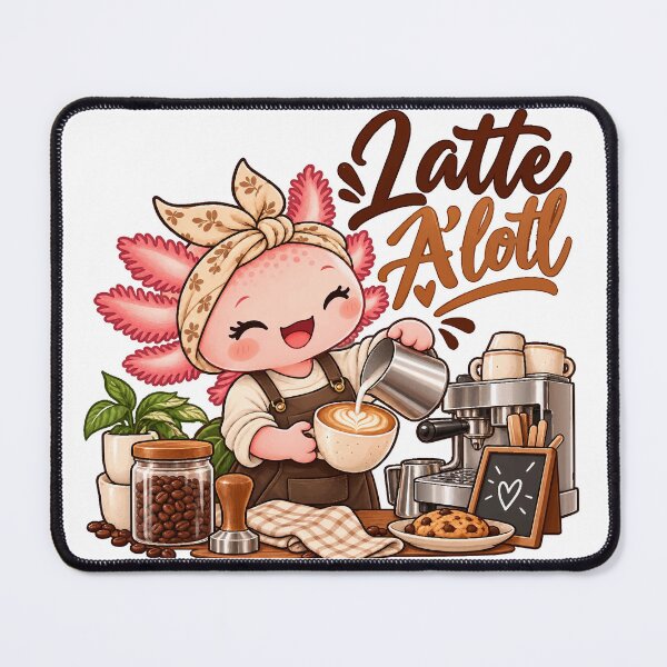 Artikelvorschau, Latte A’lotl – Niedliches Axolotl-Barista-Latte-Art-Kaffee-Design entworfen und verkauft von HH Design House.