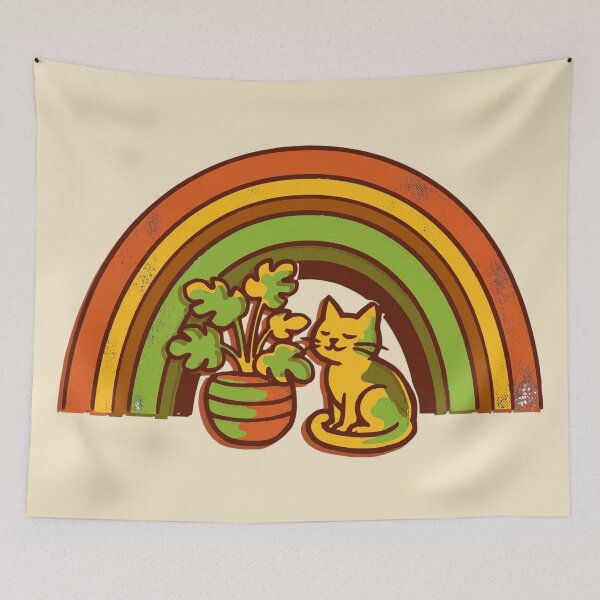 Item preview, Retro 70s Cat and Houseplant Rainbow Risograph Design designed and sold by KungPowUnicorn.