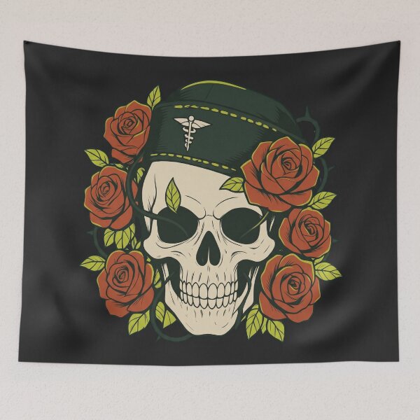 Item preview, Vintage Combat Medic Skull With Red Roses designed and sold by MarCinu Art.