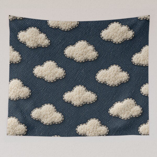 Item preview, Tufted White Clouds on Dark Denim – Cozy Embroidered Sky Pattern designed and sold by Kaleidoscope Print.