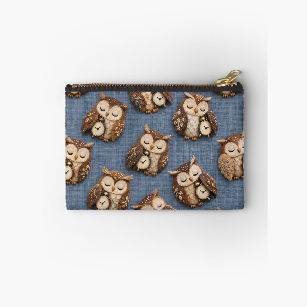Item preview, Sleepy Owls with Vintage Clocks on Blue Linen – Cozy Woodland Pattern designed and sold by Kaleidoscope Print.