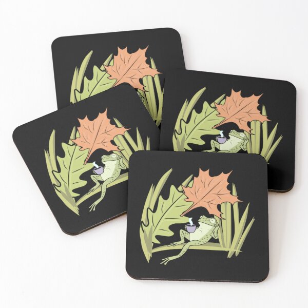 Item preview, Frog relaxing under autumn leaf with warm drink cozy cottagecore illustration designed and sold by LeshanArt.