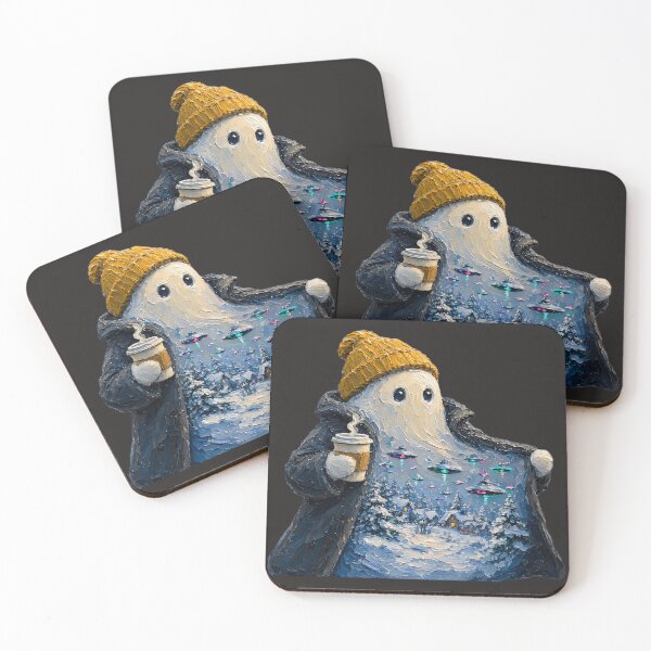 Item preview, Cute Coffee Ghost and Alien Invasion Winter Village Painting designed and sold by LujziWorld.