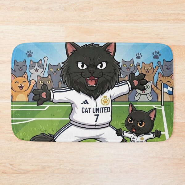 Aperçu de l'œuvre Célébration des chats Siuuu - Chats noirs amusants jouant au football créée et vendue par PetalsPaws.