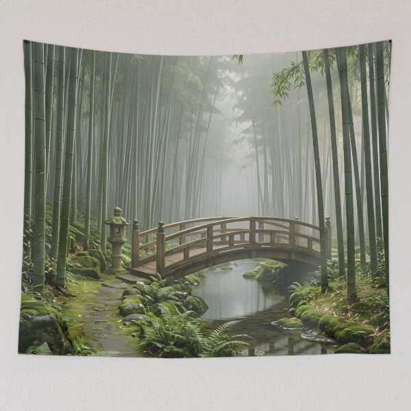 Item preview, Misty Bamboo Forest Bridge – Tranquil Nature Art Print designed and sold by ZyxDes.
