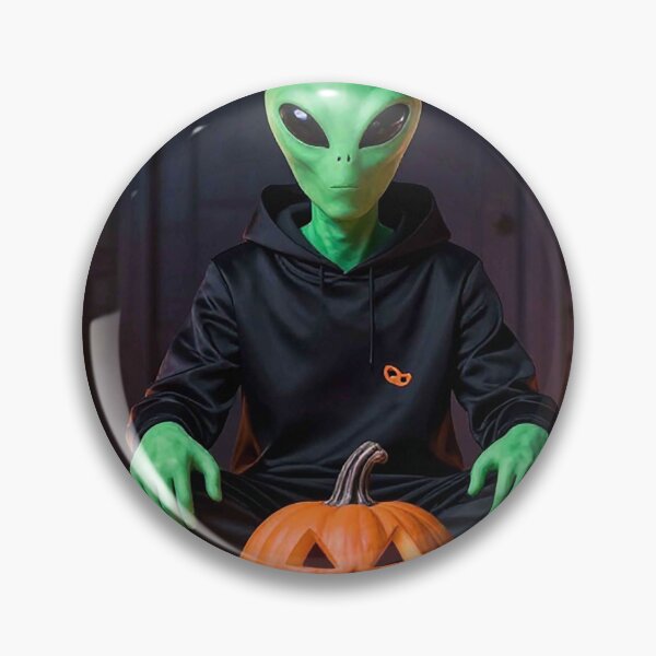 Item preview, Green Alien in Hoodie Sitting with Jack-O-Lanterns designed and sold by MFMart.